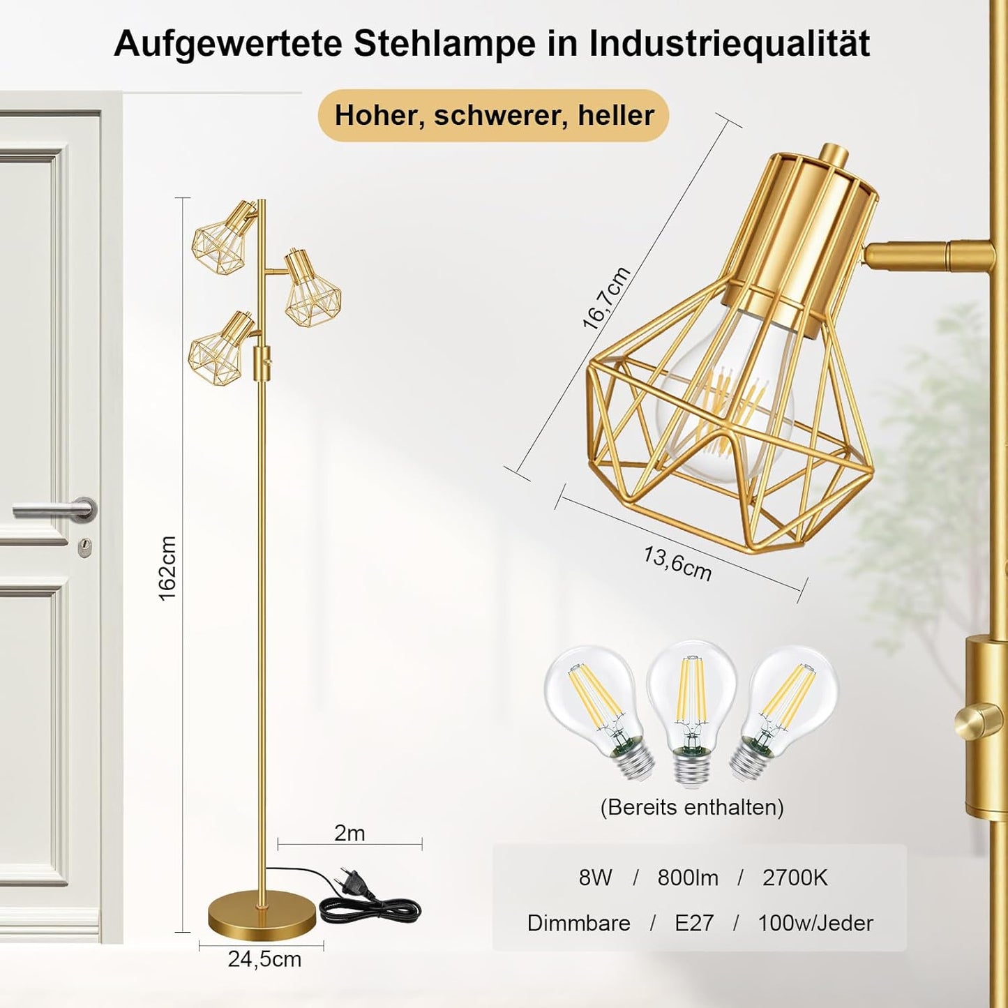 HiBay LED Stehlampe 3 Flammig Dimmbar Gold Luxus #Gold