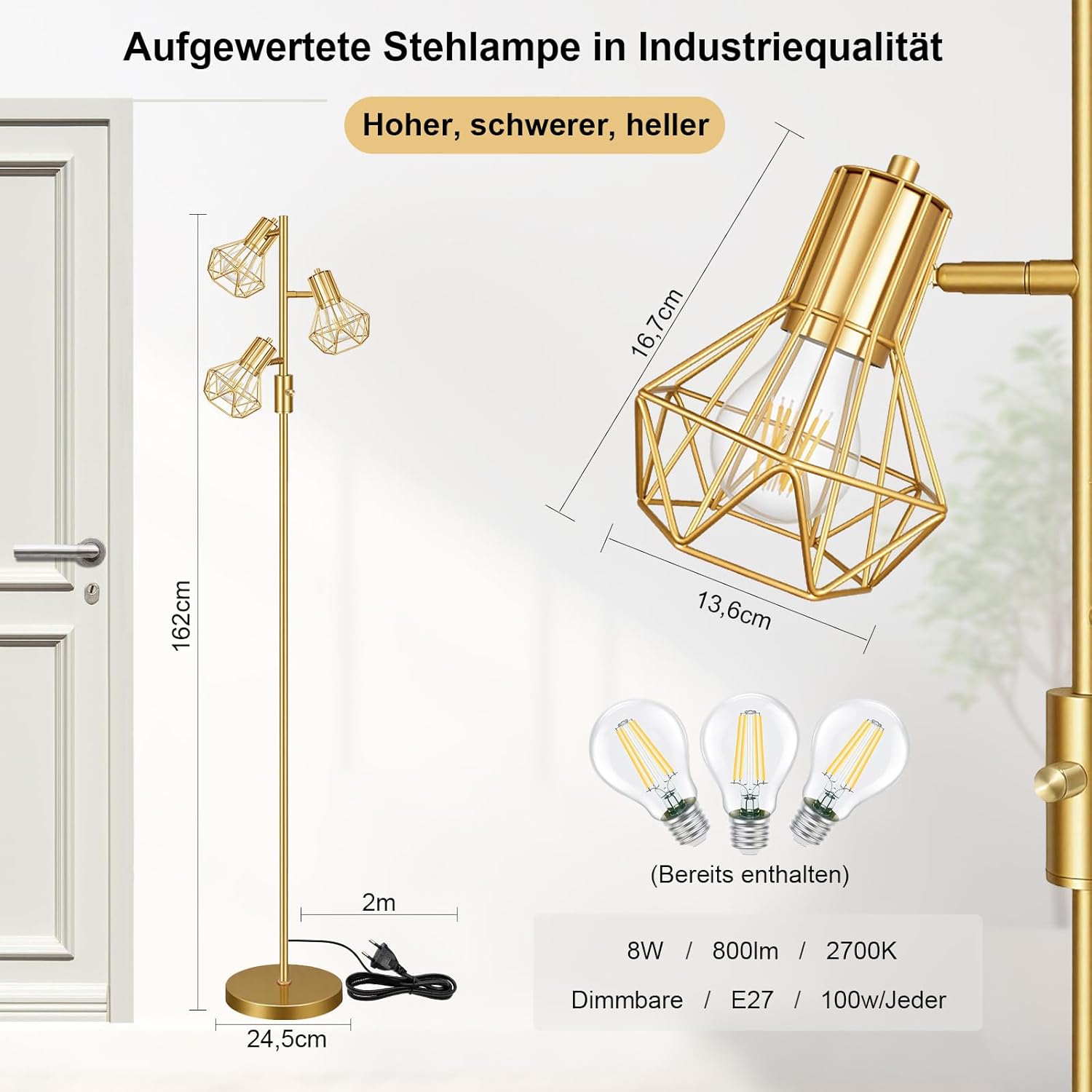 HiBay LED Stehlampe 3 Flammig Dimmbar Gold Luxus #Gold