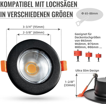 Wondlumi 6er LED Einbaustrahler 10W COB Schwarz Matt – Bild 5