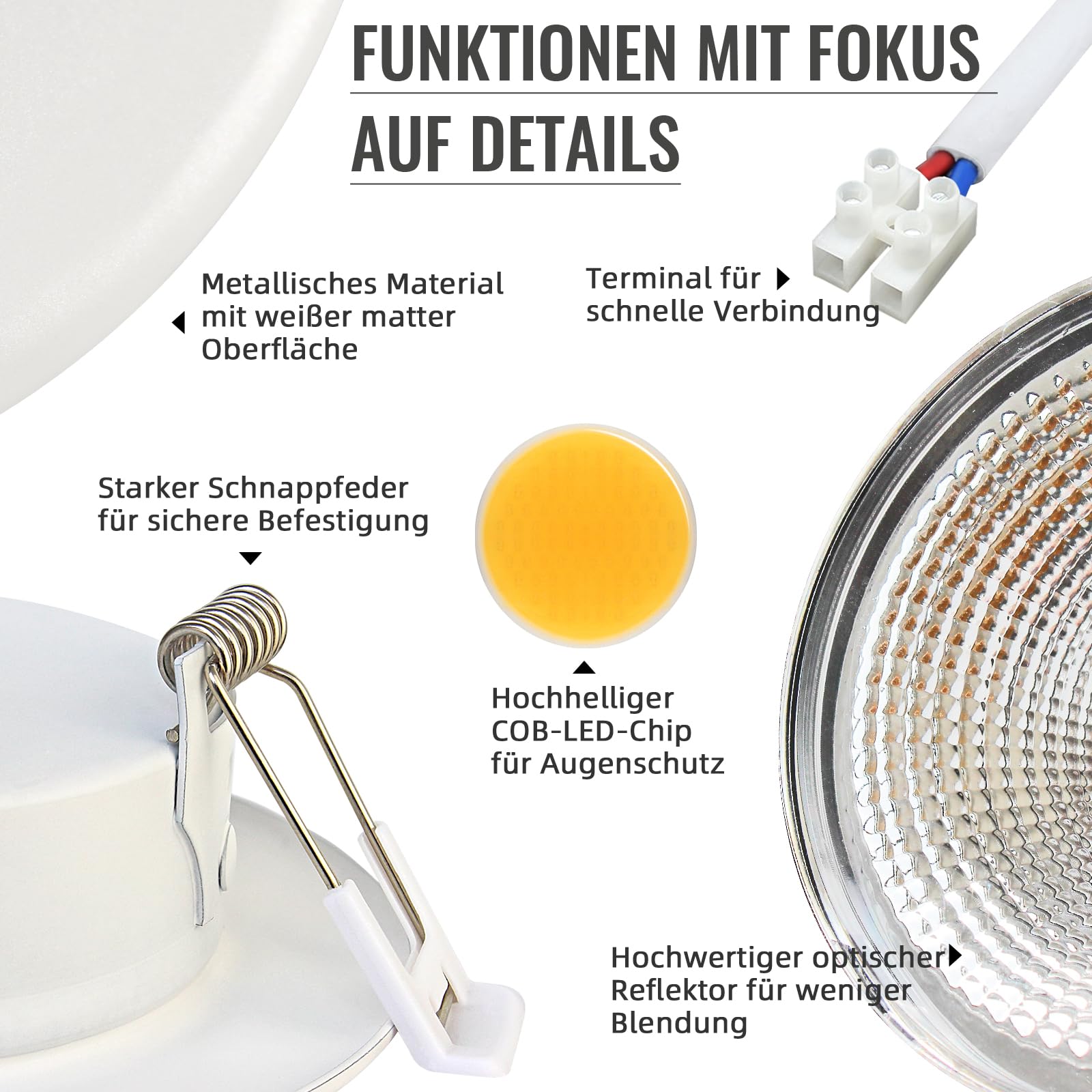 Wondlumi 6er LED Einbaustrahler 10W COB Weiß Matt – Bild 7