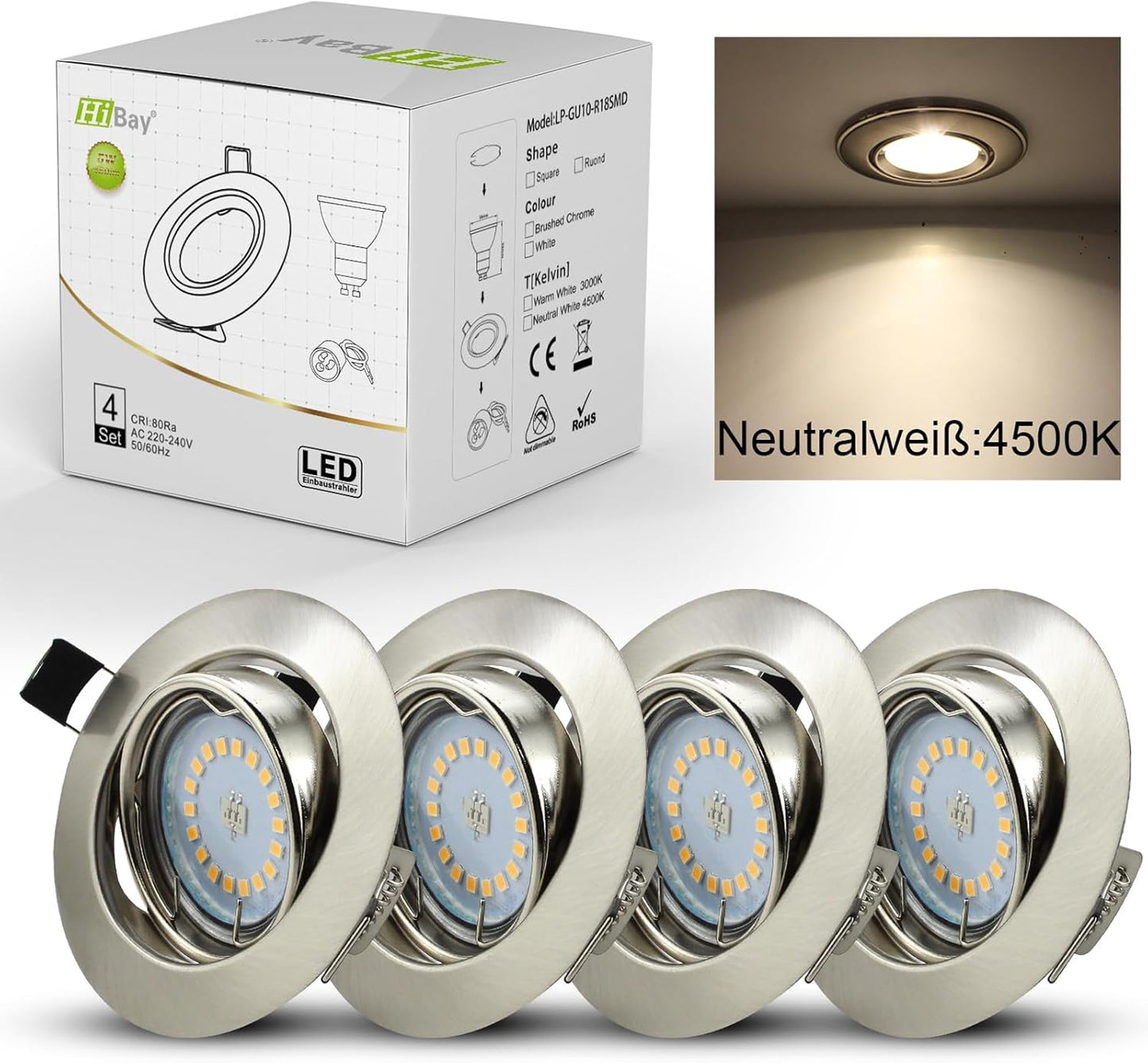 HiBay LED Einbaustrahler Set GU10 Rund 5W – Bild 14 #4500K Neutralweiß #4er Set