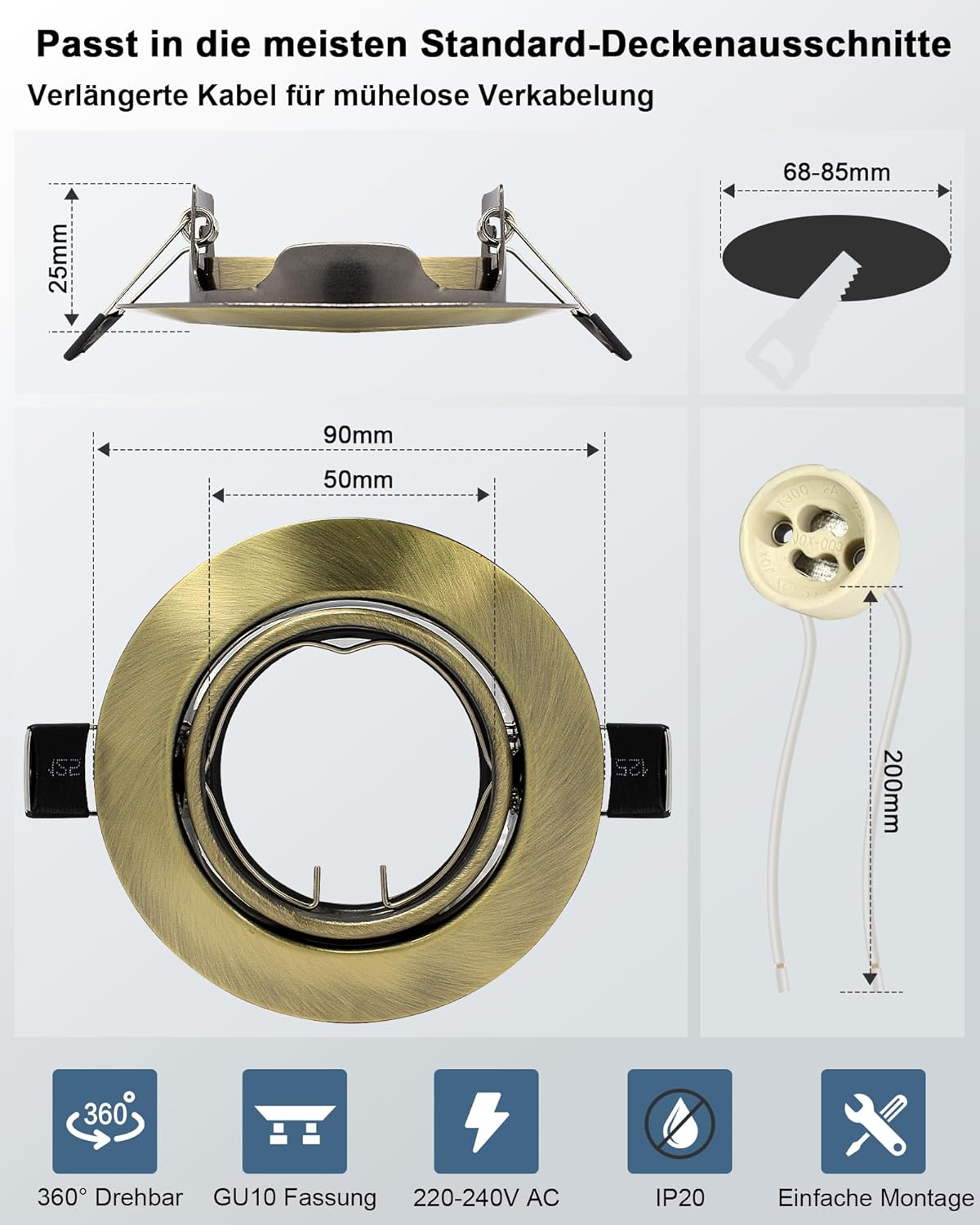 K4 GU10 LED Einbaurahmen Set – Bild 17 #Gold – Antik-Messing