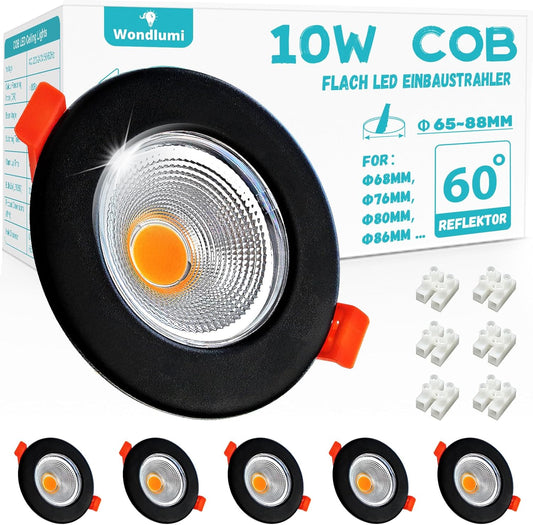 Wondlumi 6er LED Einbaustrahler 10W COB Schwarz Matt – Bild 1 #Warmweiß 3000K #Nicht dimmbar
