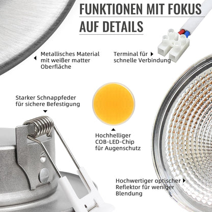 Wondlumi 6er LED Einbaustrahler 10W COB Nickel Gebürstet – Bild 5 #Warmweiß 3000K