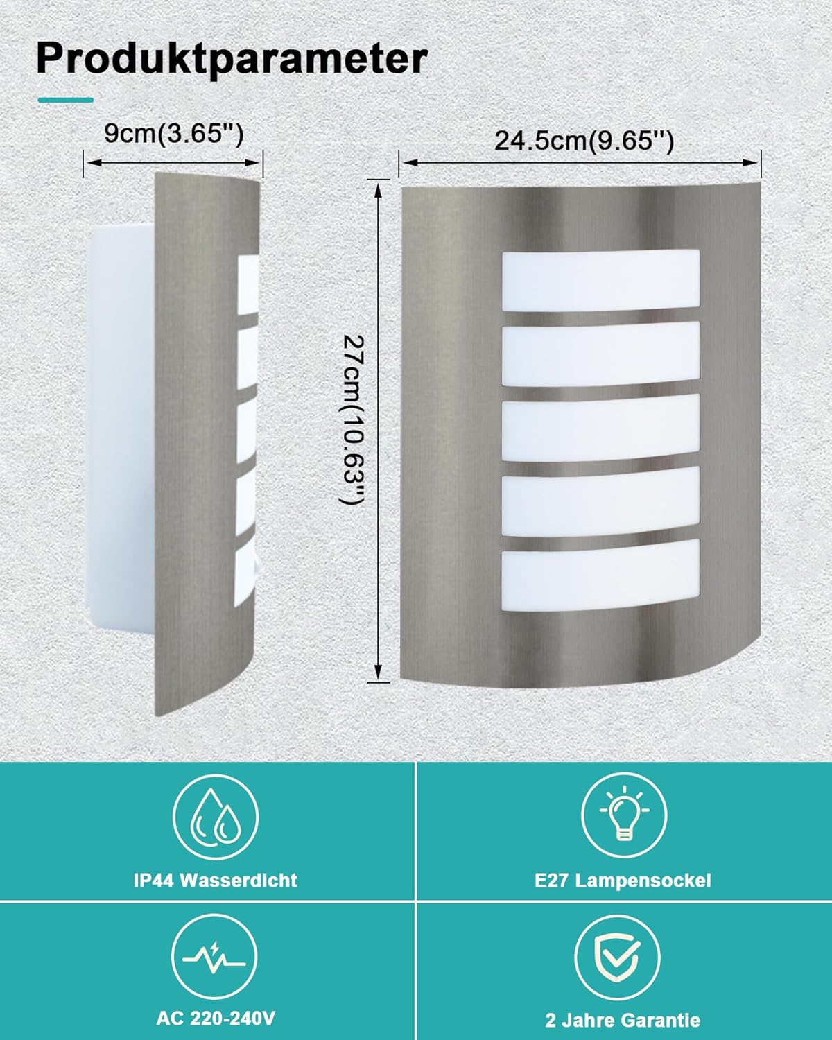 HiBay Außenwandleuchte E27 IP4 – Bild 4 #Edelstahl Gebürstet