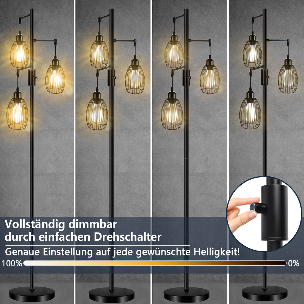 Schwarz Dimmbar Stehlampe HiBay-LED 3x8W Glü LED Vintage – 800LM Standleuchte, E27