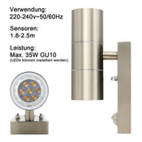 LED Innen & Außenwandleuchte mit Bewegungsmelder,  IP44 Wasserdicht, PIR inkl. 2x 7W GU10